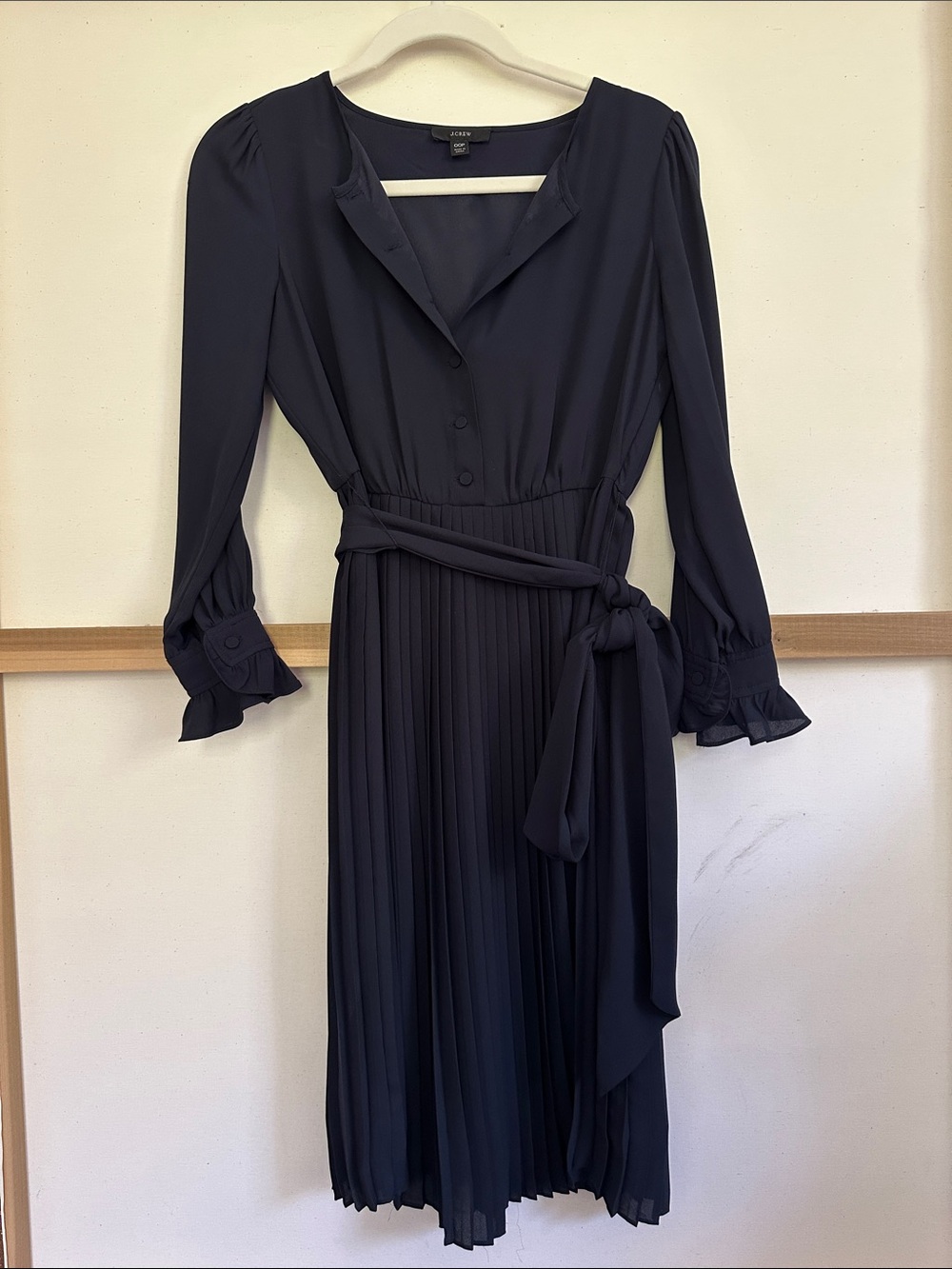 J.Crew Navy Pleated Midi Dress with Tie Waist